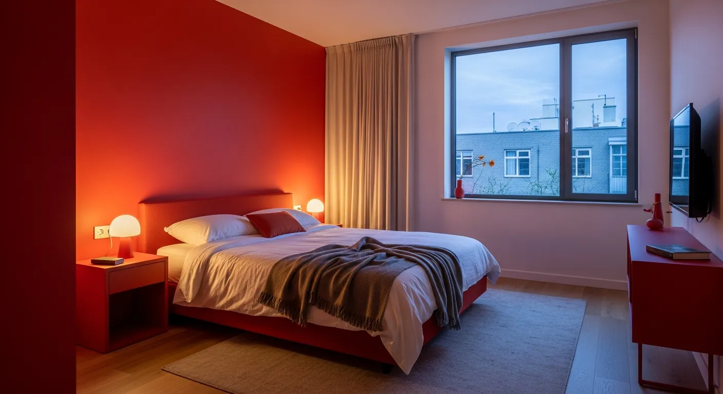 Red minimalist bedroom ideas featuring a calming feature wall and sleek furniture