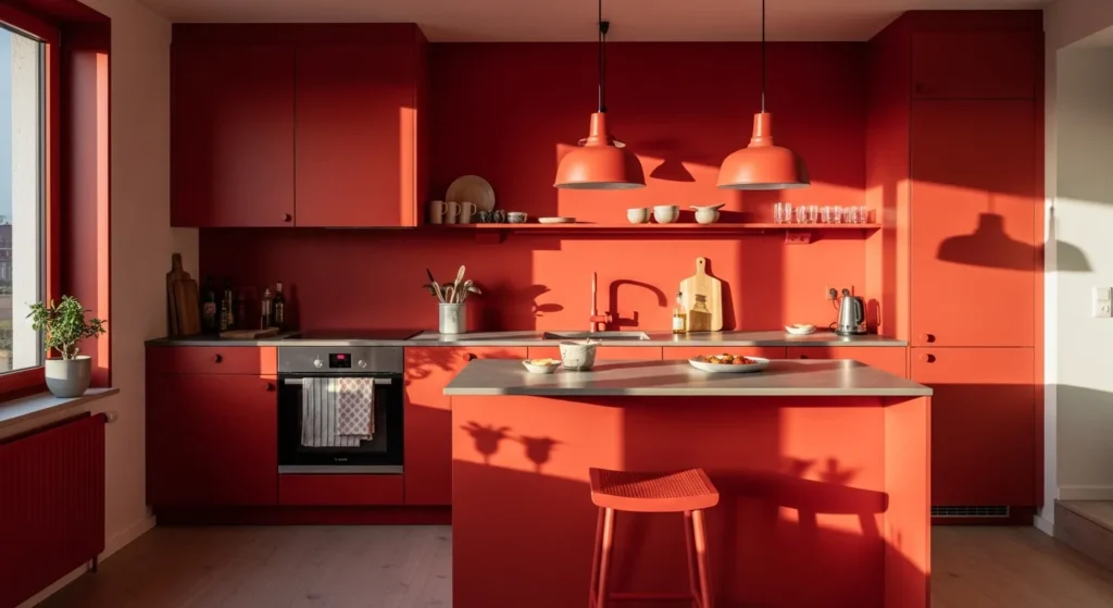 Sleek minimalist kitchen featuring bold red cabinetry and clean white countertops