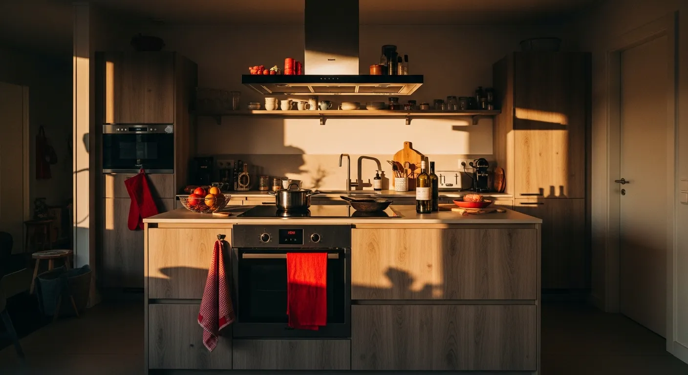 Uncluttered red kitchen styling example
