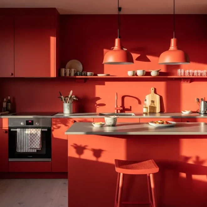 Sleek minimalist kitchen featuring bold red cabinetry and clean white countertops
