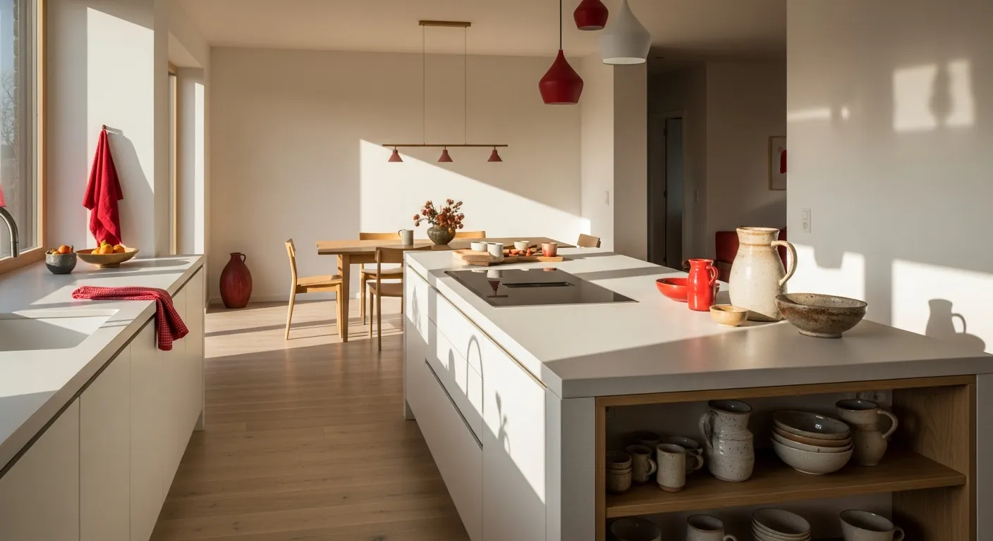 Sophisticated minimalist kitchen ideas with red and stone palette