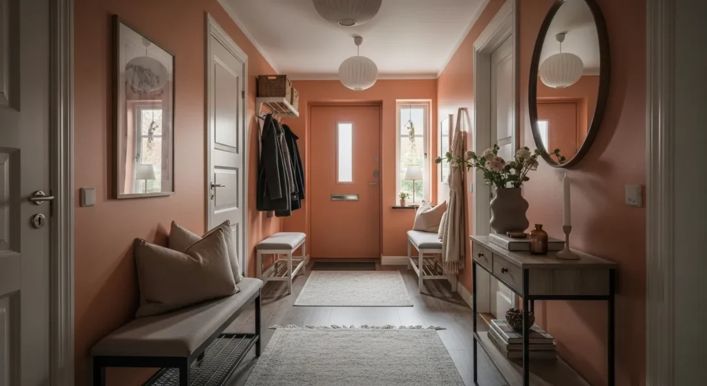 Bright Scandinavian entryway featuring soft peach walls, light wood bench, and round mirror