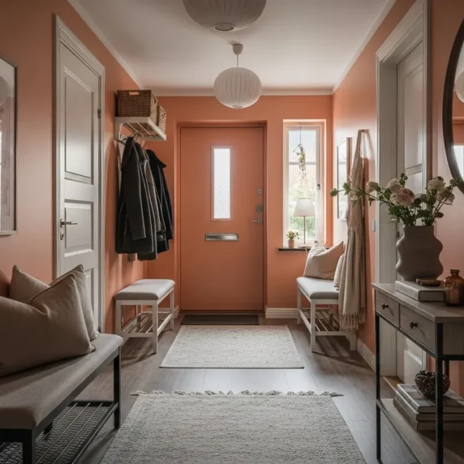 Bright Scandinavian entryway featuring soft peach walls, light wood bench, and round mirror