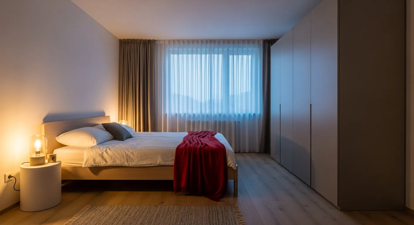 Crimson bedding accents in a clean minimalist bedroom setting