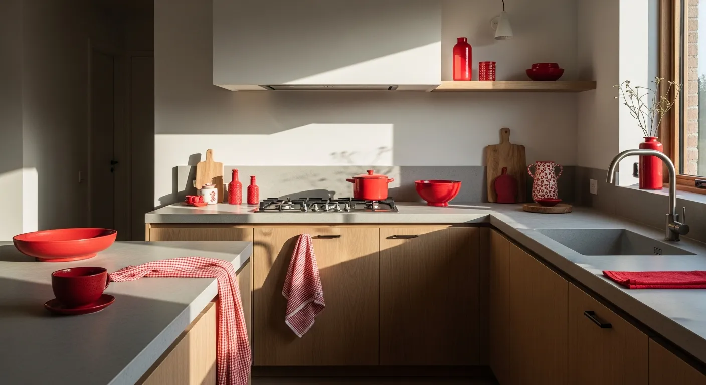 Red and white color combination in a minimalist kitchen layout