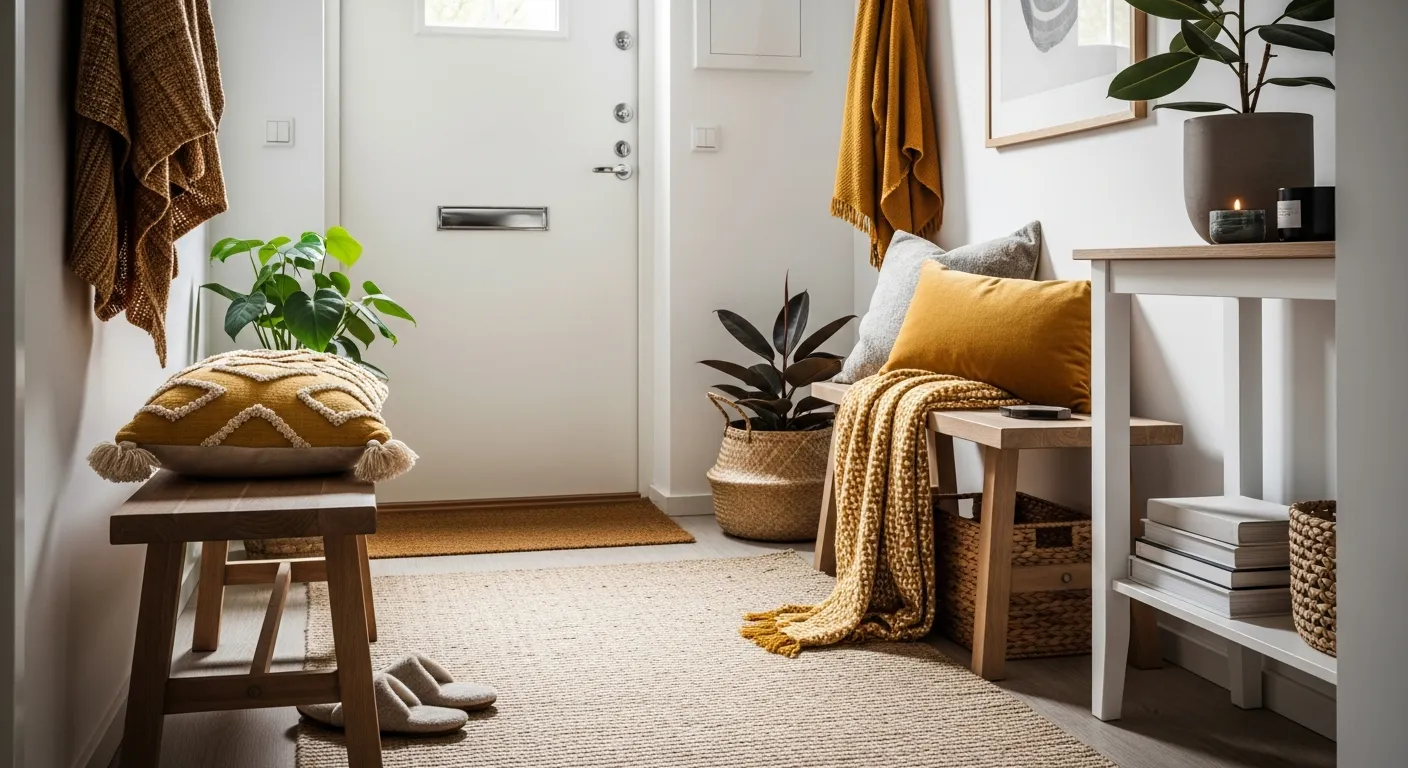 Styling Scandi Entryway ideas with mustard cushions and minimalist decor