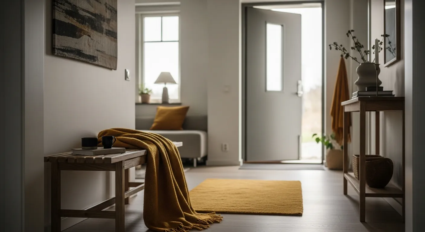 Inviting foyer featuring Scandi Entryway ideas and mustard decor