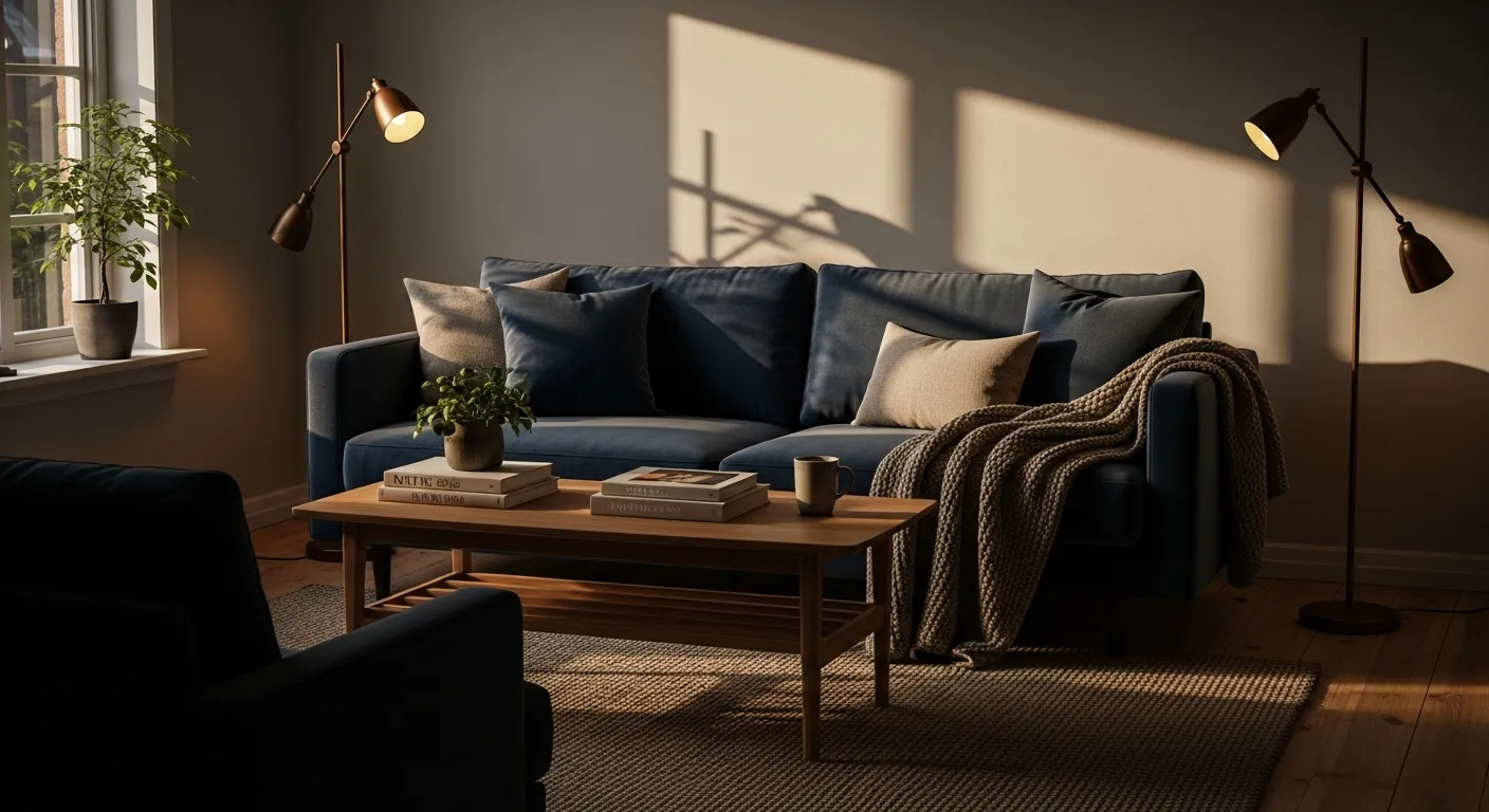 Modern Scandi Living Room ideas with navy feature wall and wood tones