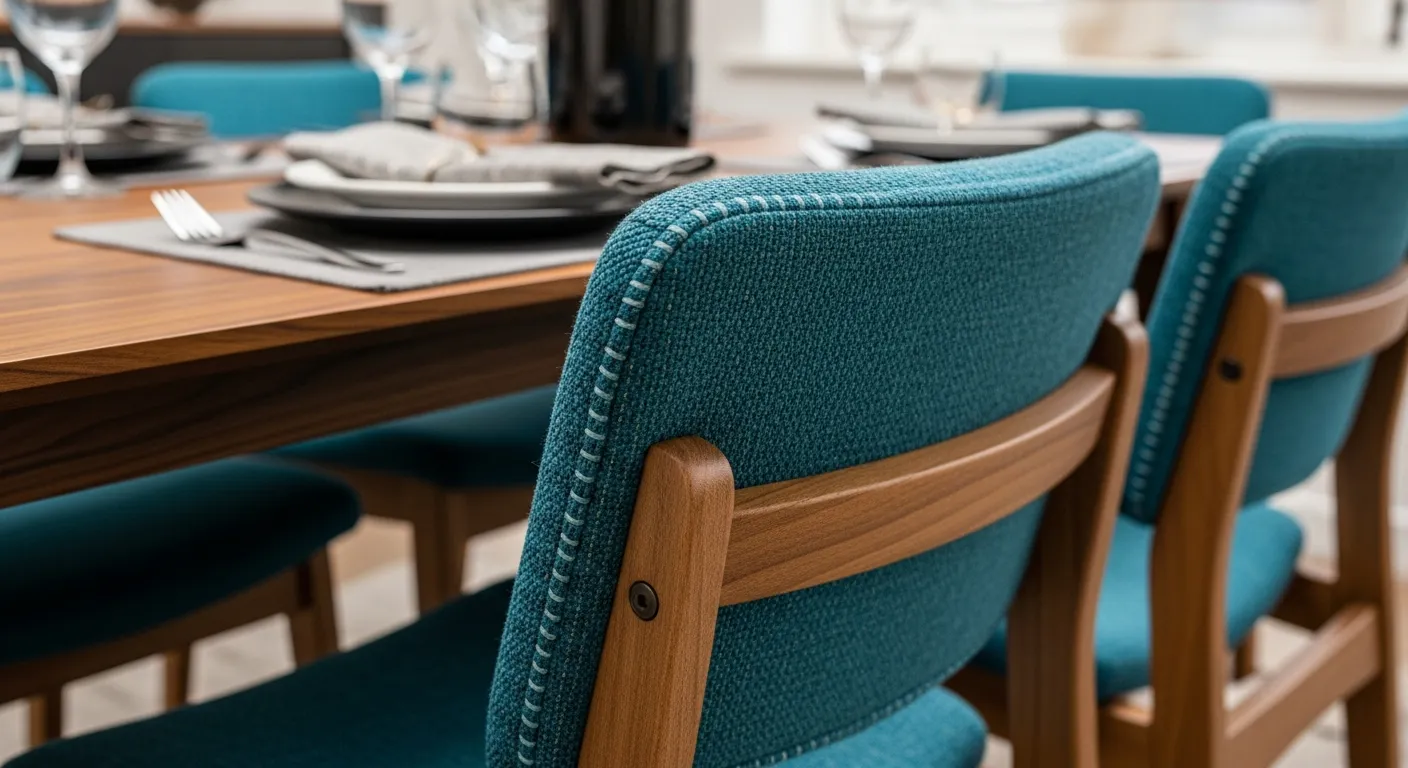 Modern Dining Room ideas featuring deep teal walls with mid-century modern walnut dining table