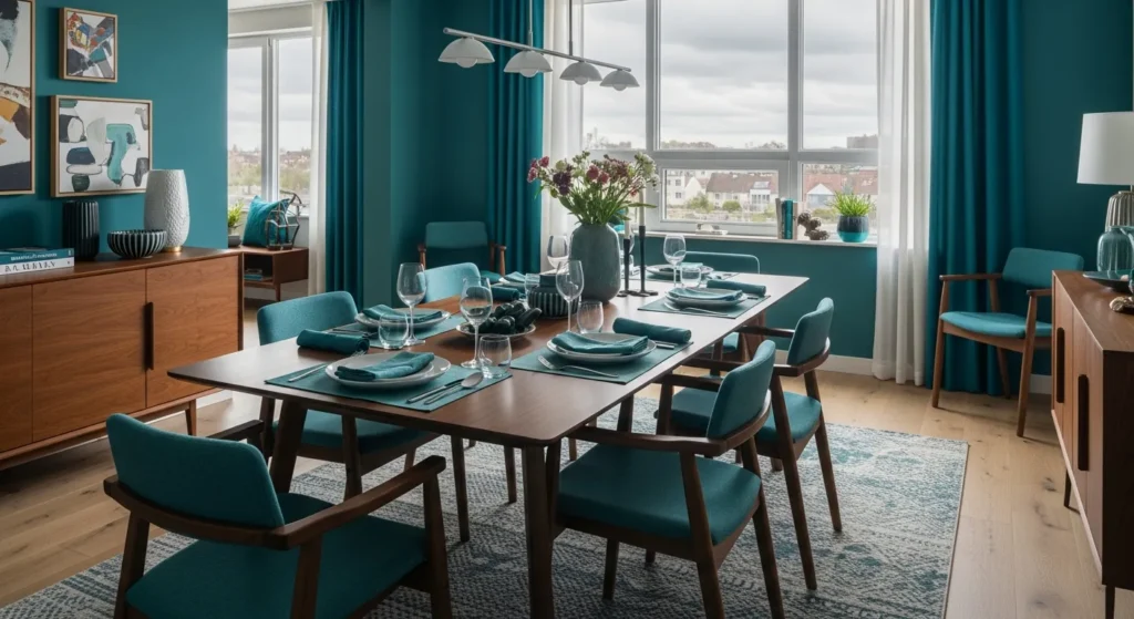 Modern dining room featuring rich teal walls and sleek contemporary furniture