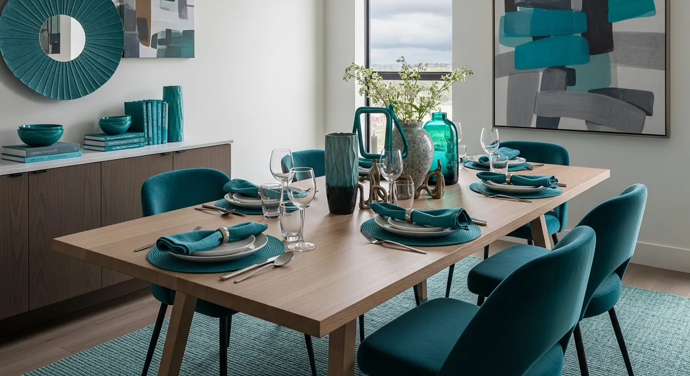 Modern Dining Room ideas pairing rich teal velvet chairs with warm wood and brass accents