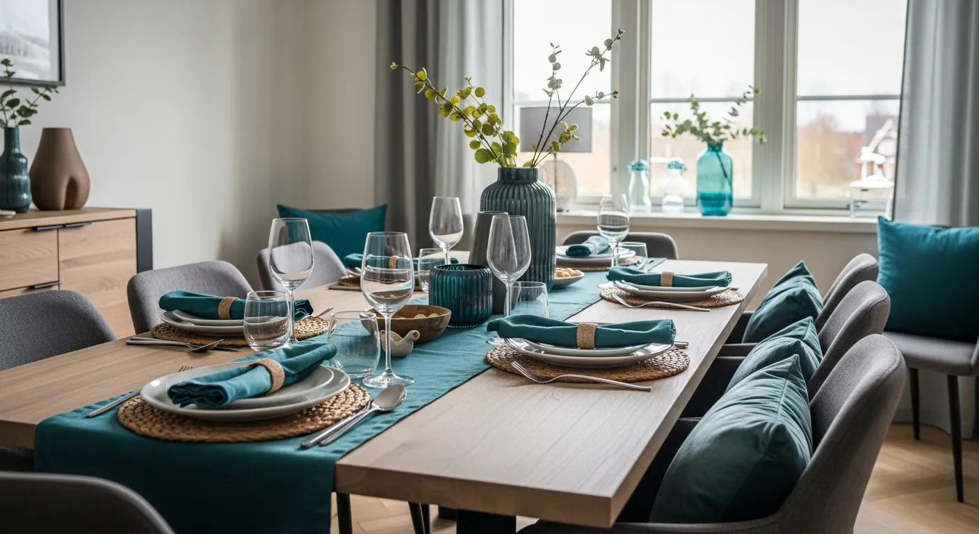 Modern Dining Room ideas showing a dark teal room with sleek wooden table and minimalist decor