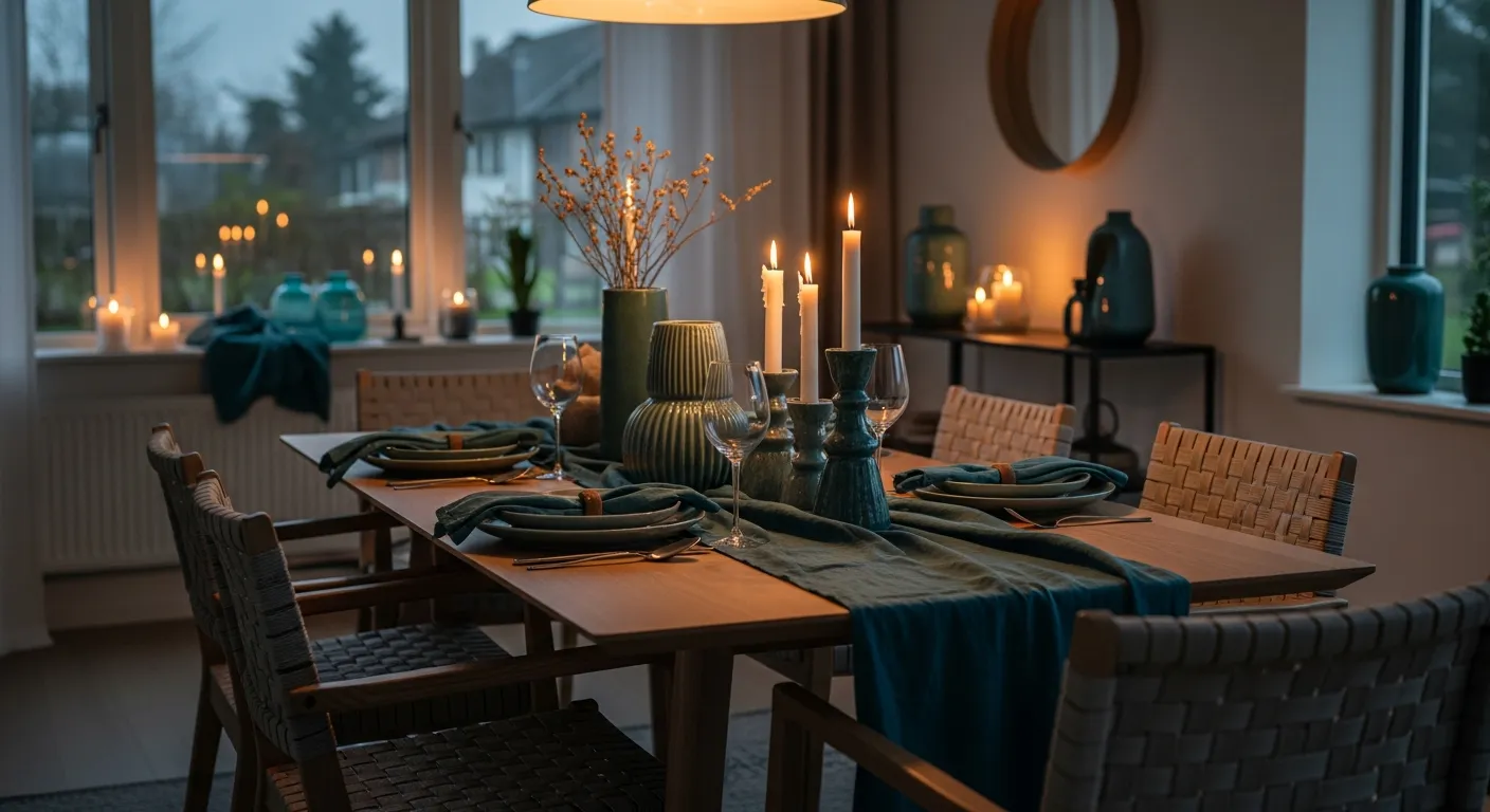 Atmospheric Modern Dining Room ideas with dark teal walls and mood lighting