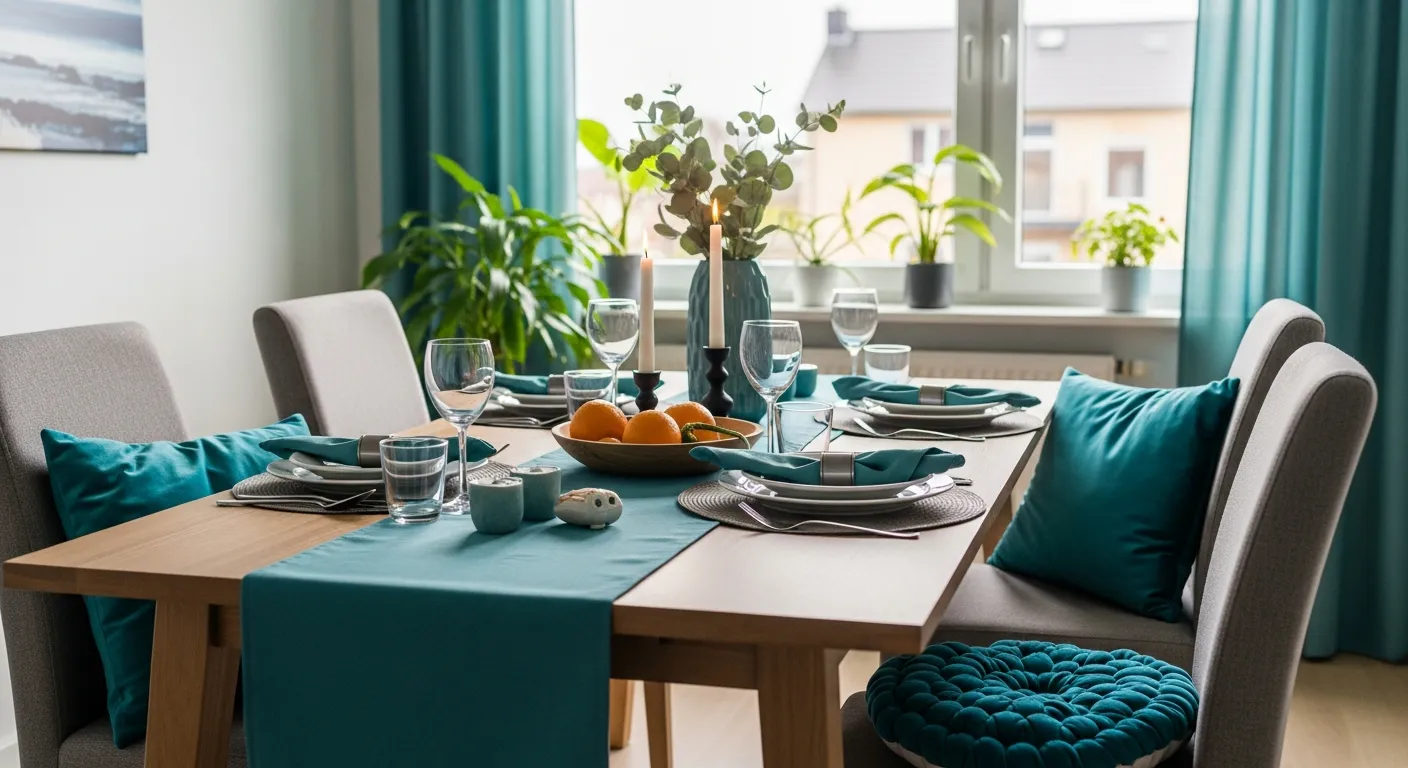 Styling tips for Modern Dining Room ideas using teal velvet chairs and minimalist table settings