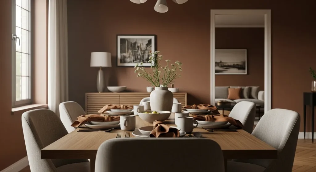 Modern dining room featuring warm brown wood table and sleek leather chairs
