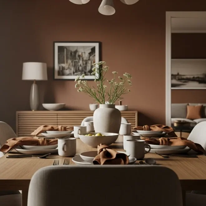 Modern dining room featuring warm brown wood table and sleek leather chairs