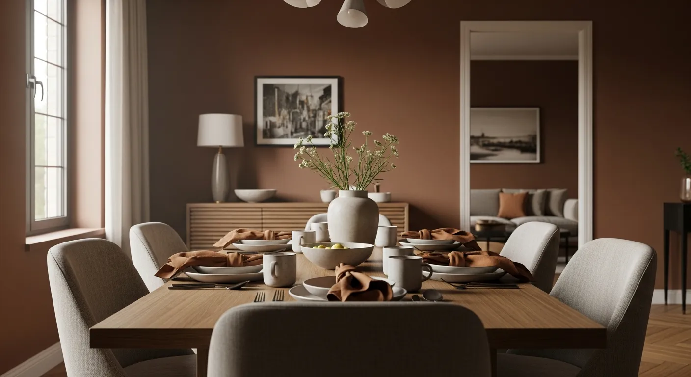 Psychology of color in Modern Dining Room ideas showing warm brown walls and sleek furniture