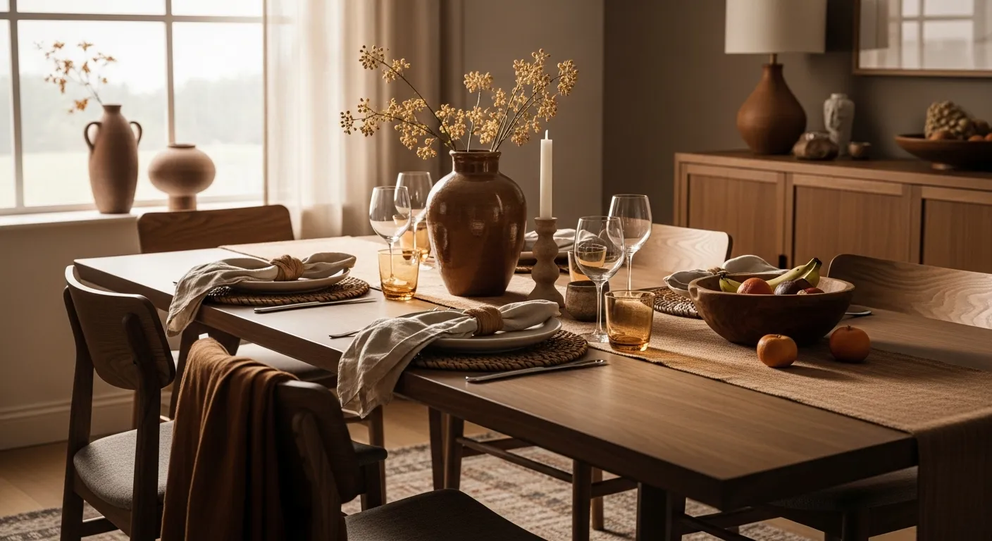 Color palette inspiration for Modern Dining Room ideas with walnut and ambient lighting