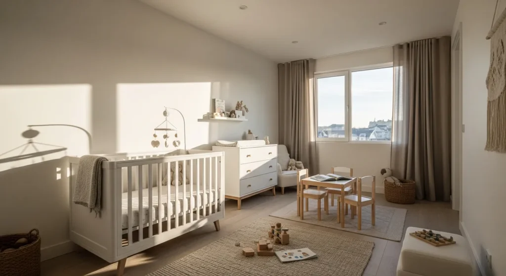 Bright modern nursery featuring a white crib and soft textured textiles