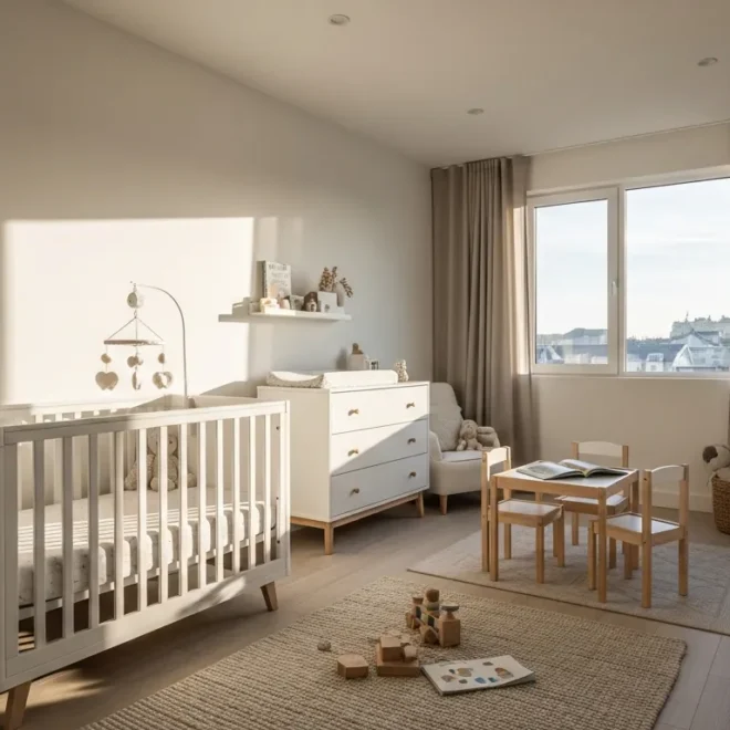 Bright modern nursery featuring a white crib and soft textured textiles