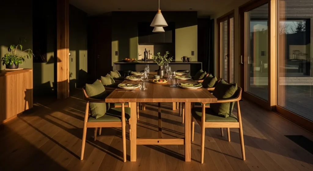 Minimalist Japandi dining room featuring moss green walls and light oak furniture