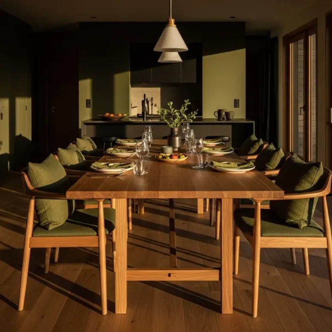 Minimalist Japandi dining room featuring moss green walls and light oak furniture