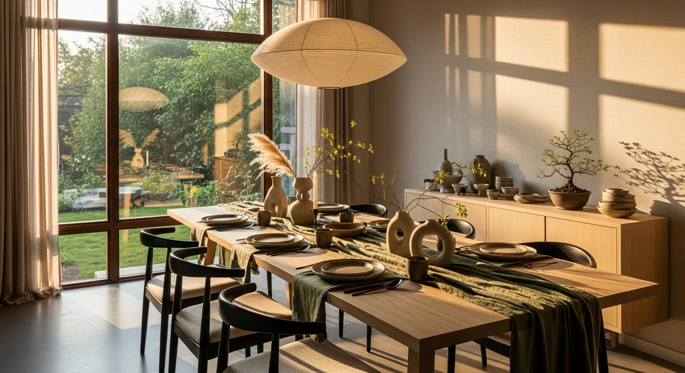 Japandi dining room ideas showing a moss green feature wall foundation