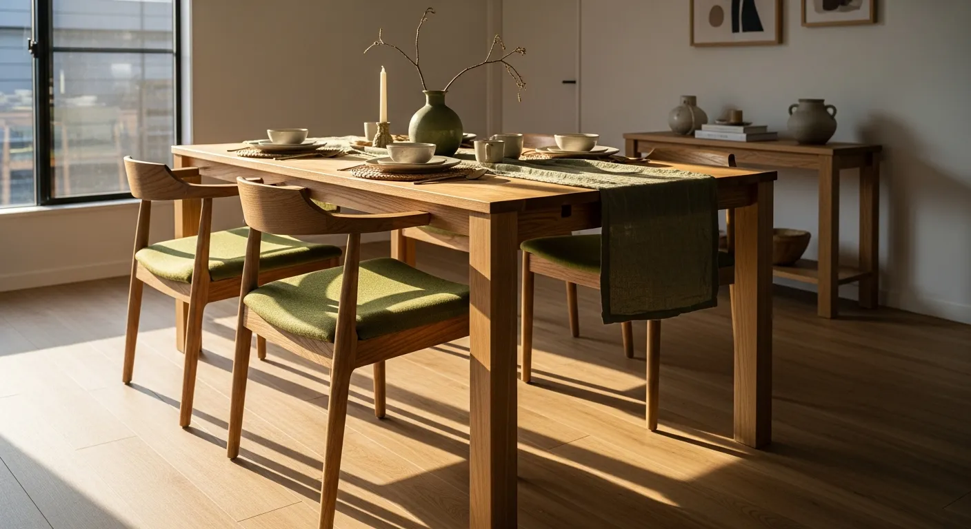 Layering textures in Japandi dining room ideas with rugs and lighting