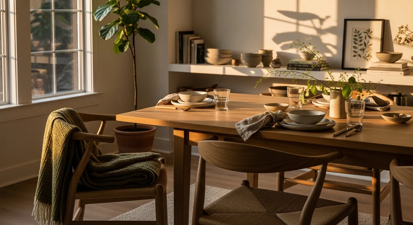 Styling Japandi dining room ideas with minimalist decor, ceramics, and green walls