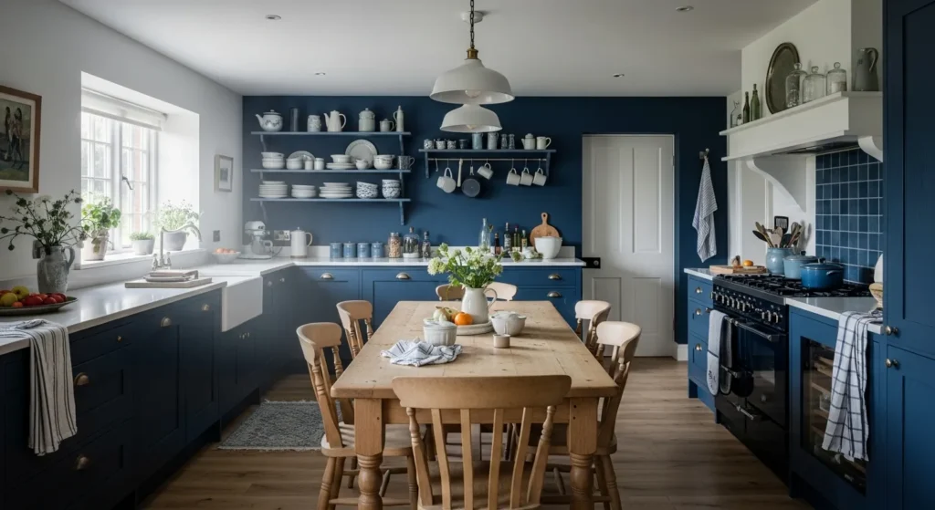 Navy blue farmhouse kitchen with shaker style cabinets and rustic wood accents