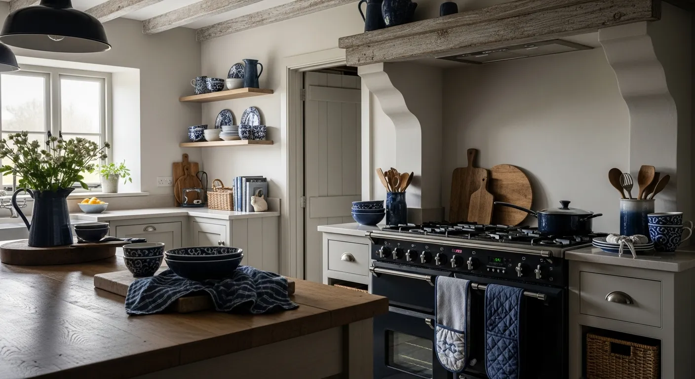 Color combinations showing navy and white contrast in Farmhouse Kitchen ideas