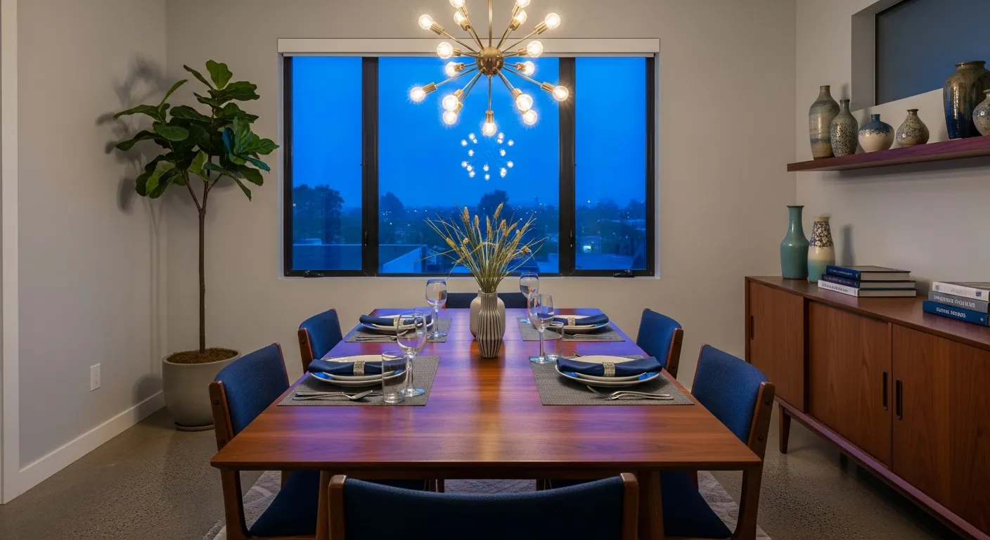 Mid-century modern dining room renovation featuring moody navy blue walls