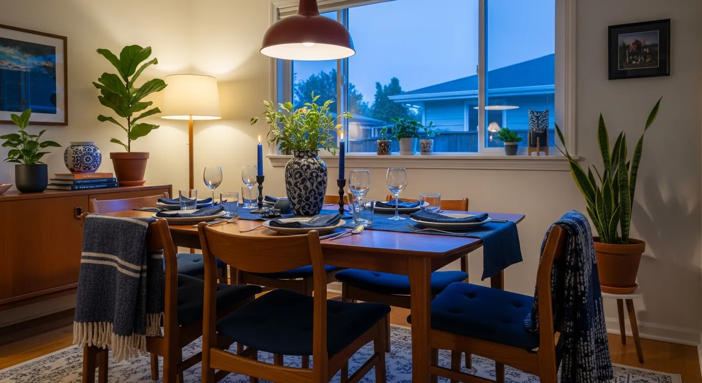 Styling tips for a navy blue dining room with mid-century teak table