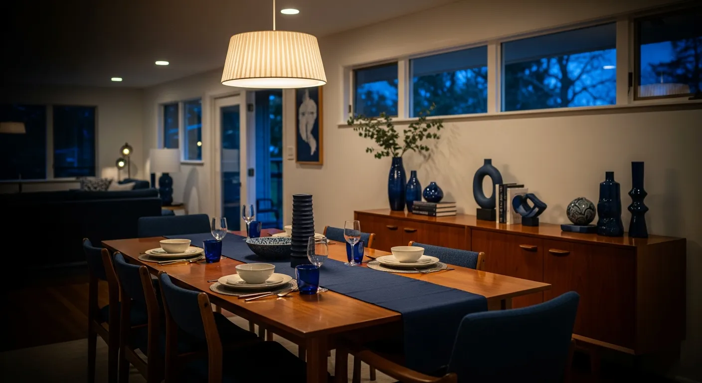 Color palette inspiration for navy blue and walnut mid-century dining rooms