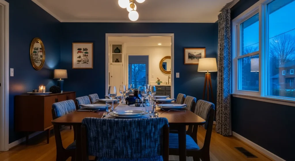 Navy blue dining room featuring a mid-century walnut table and brass pendant light