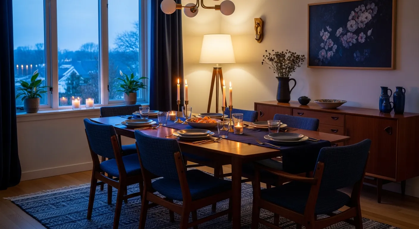 Sleek mid-century teak dining set against a dramatic navy blue wall