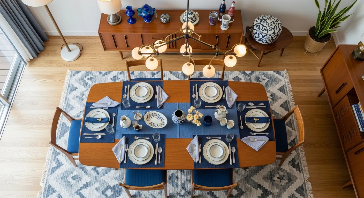 Sophisticated Mid-Century Modern Dining Room ideas with walnut set and navy walls