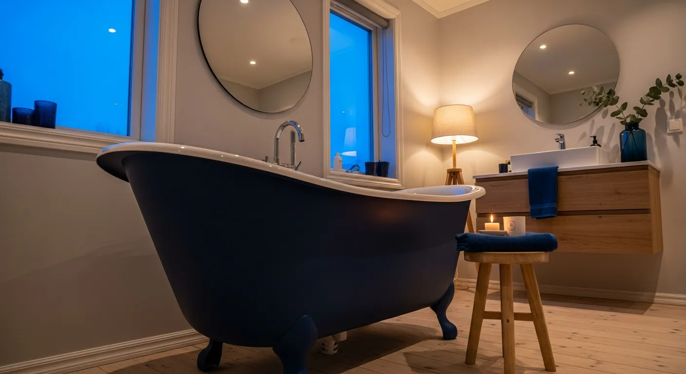 Renovated Scandi Bathroom ideas showing navy cabinet installation