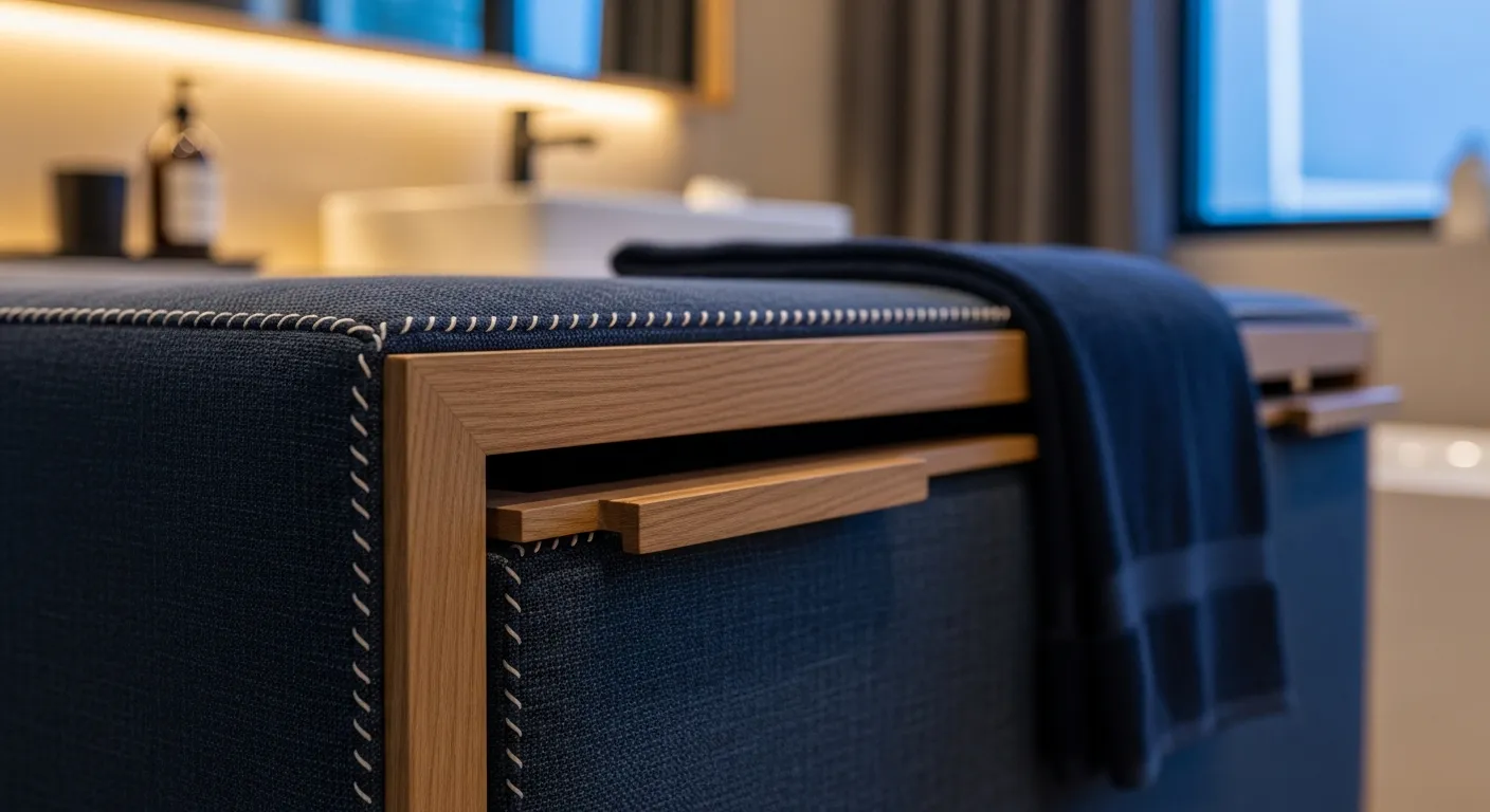 Modern Scandi Bathroom ideas featuring navy blue vanity and white tiles