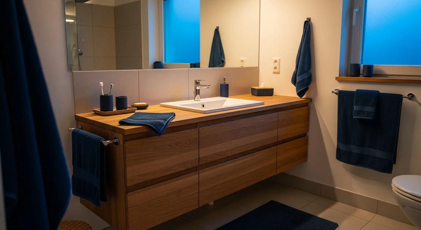 Wood countertop detail in navy Scandi Bathroom ideas