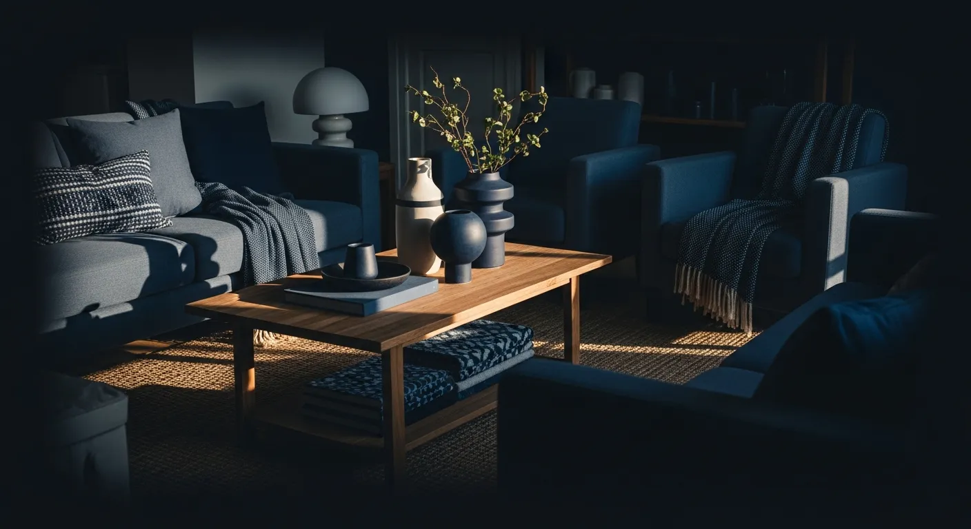 Color combination Scandi Living Room ideas showing navy blue sofa with light oak coffee table