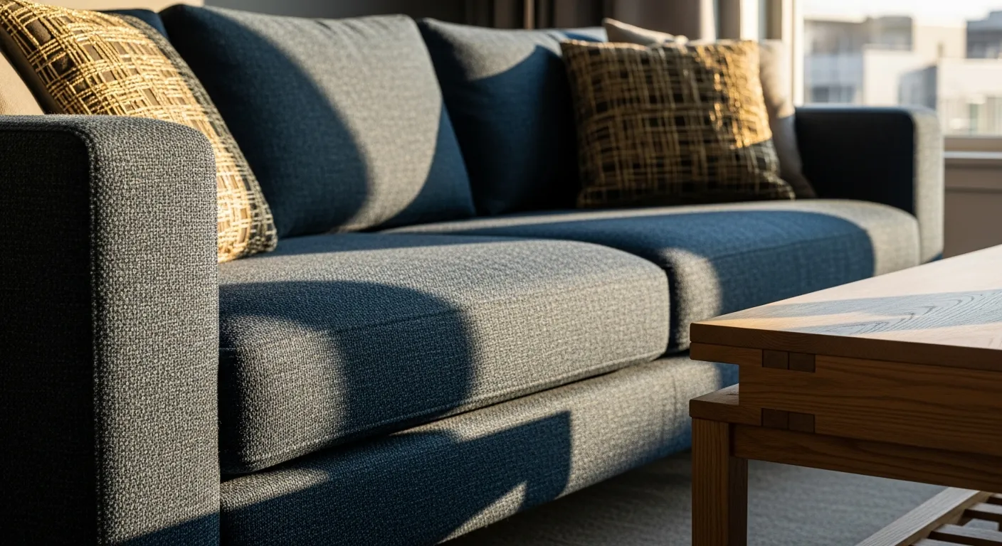 Essential furniture for Scandi Living Room ideas including navy velvet sofa and light oak floor