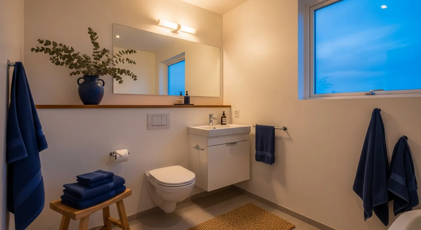 Small space Scandi Bathroom ideas with navy vanity and brass details
