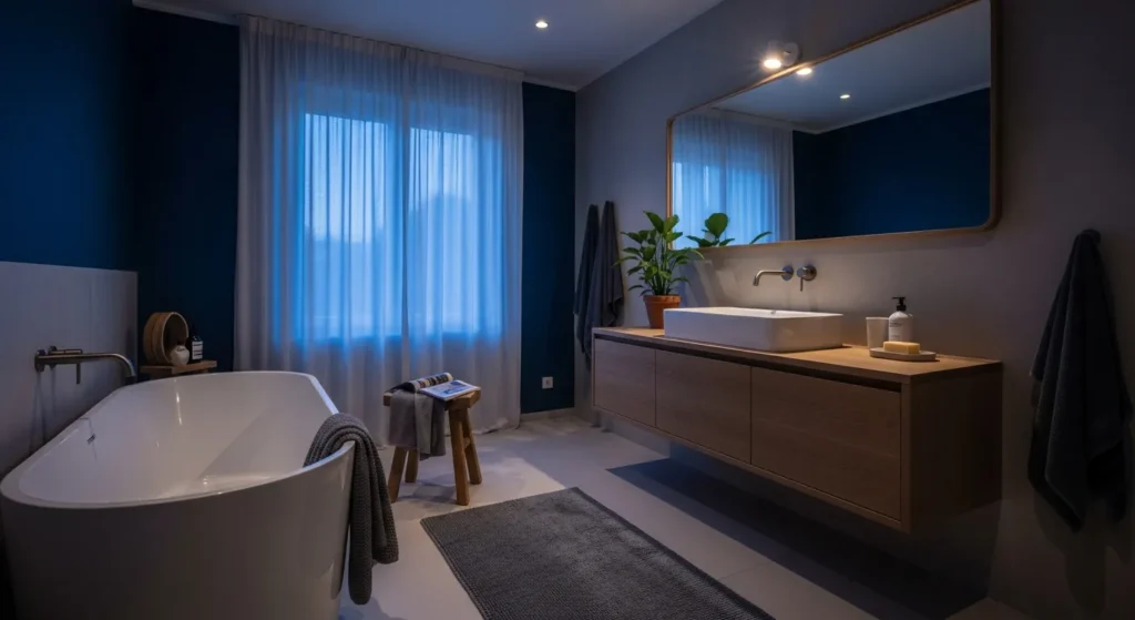 Modern navy blue vanity in a minimalist white Scandinavian bathroom with warm wood accents