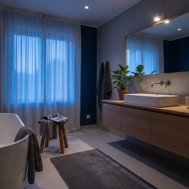 Modern navy blue vanity in a minimalist white Scandinavian bathroom with warm wood accents