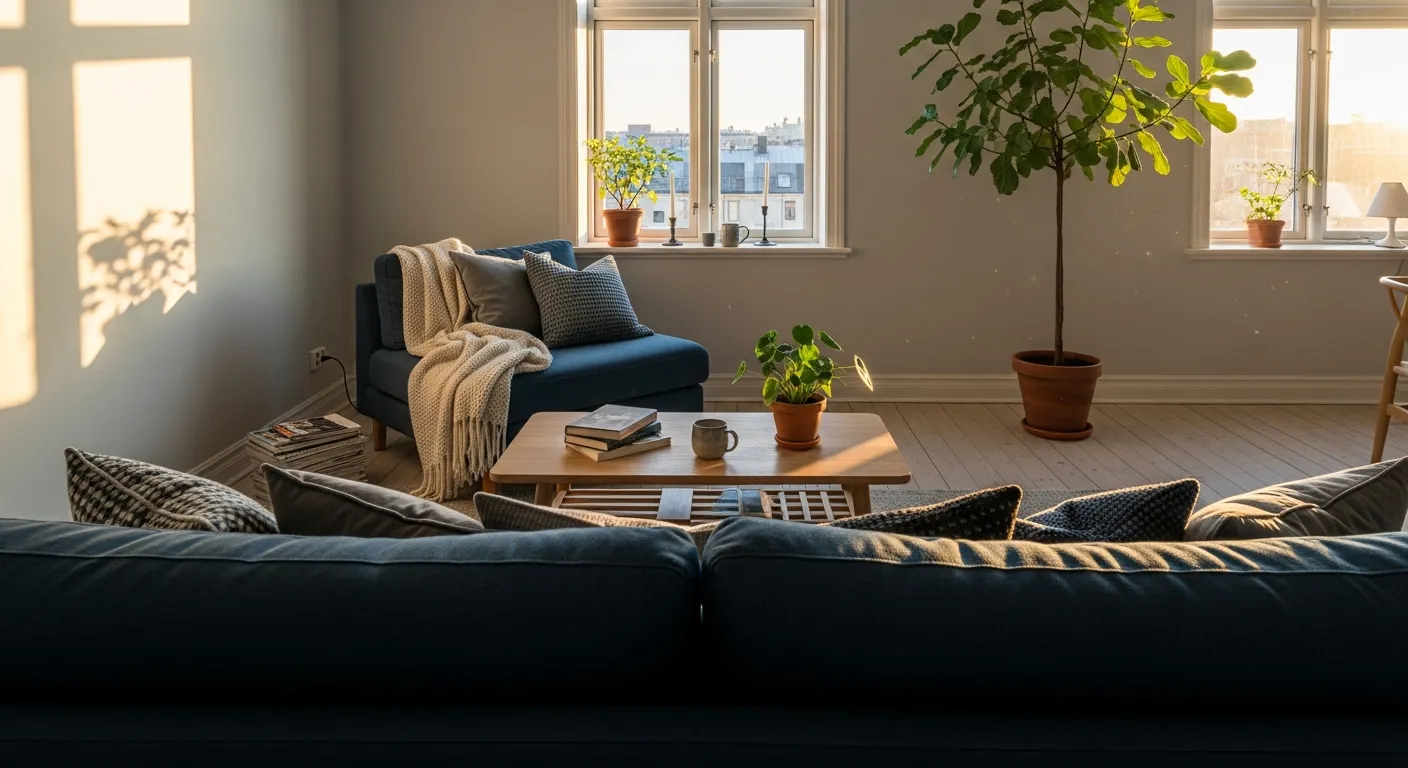 Elegant Scandi Living Room ideas combining navy textiles and nordic design elements
