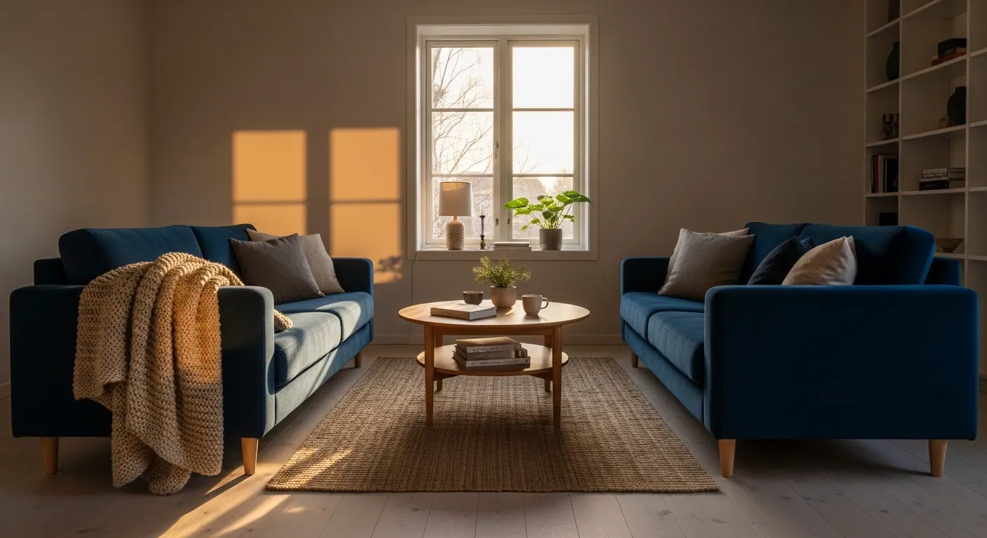 Cozy Scandi Living Room ideas with navy sofa and minimalist decor elements