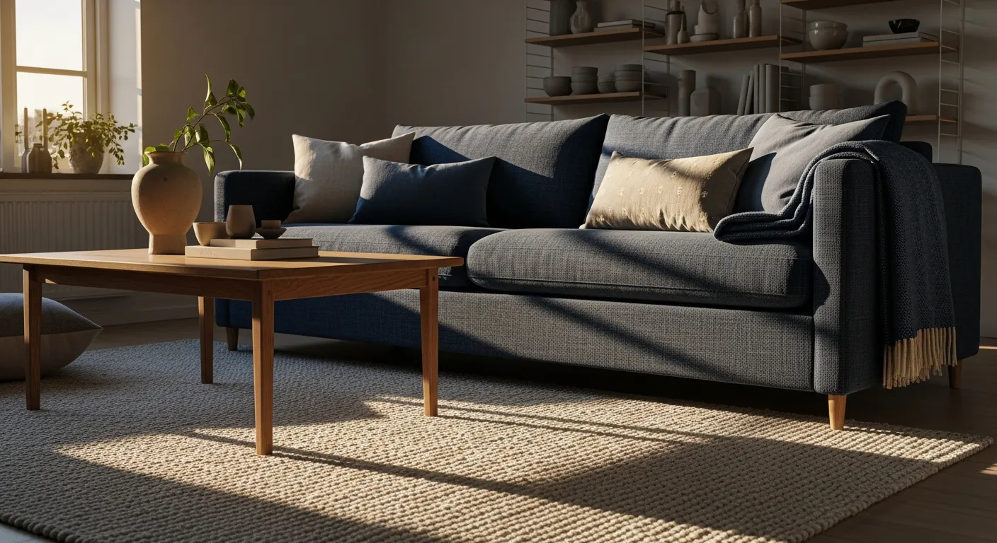 Budget friendly Scandi Living Room ideas with blue velvet couch and white walls