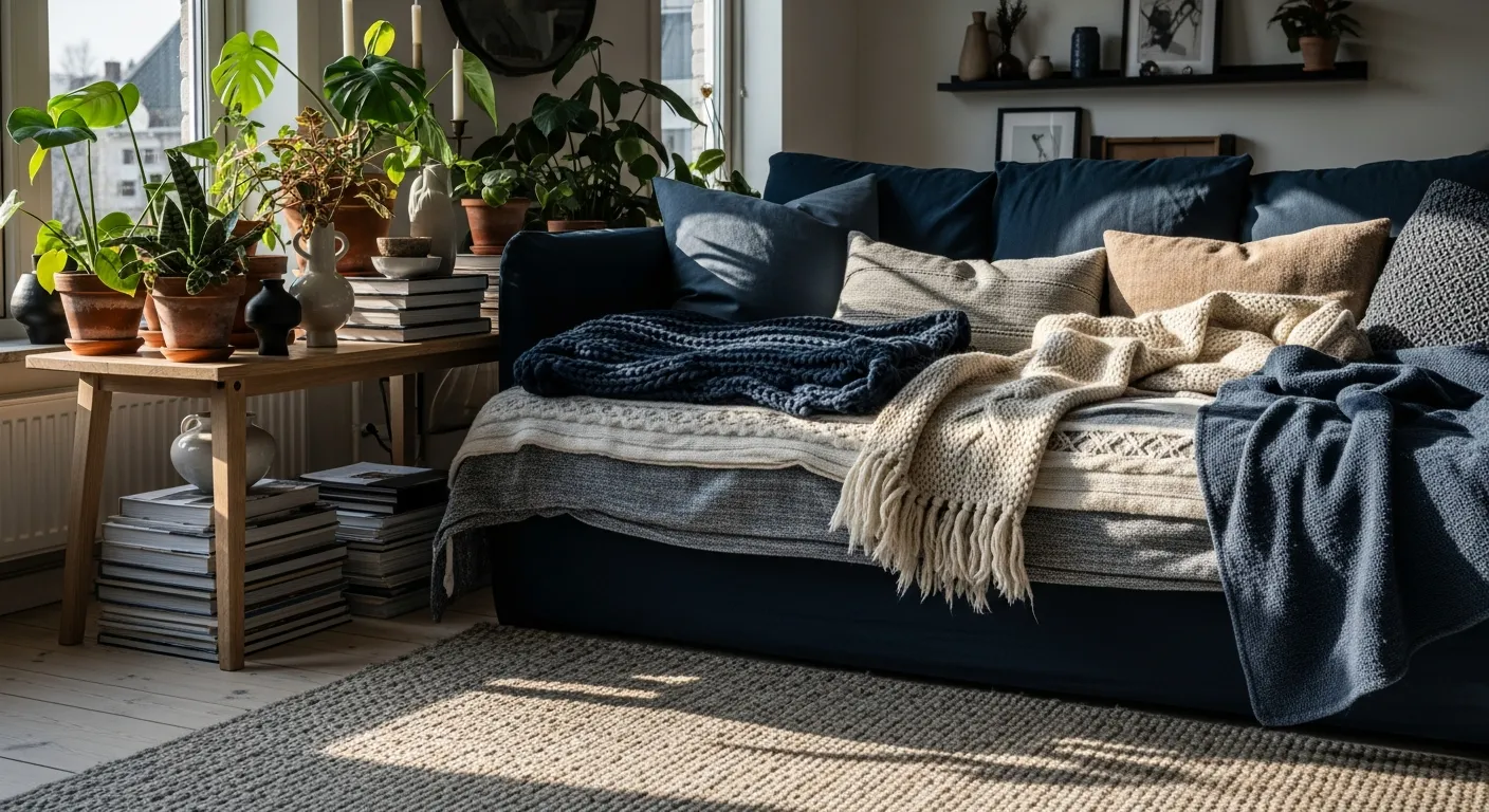 Styling tips for Scandi Living Room ideas featuring a deep navy blue accent wall and minimalist decor