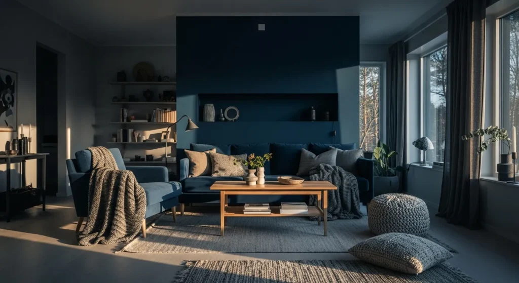 Modern Scandinavian living room featuring a deep navy blue velvet sofa and light wood accents